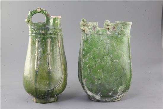 Two Chinese green-glazed flasks, possibly Liao dynasty, 26.5cm and 29.5cm